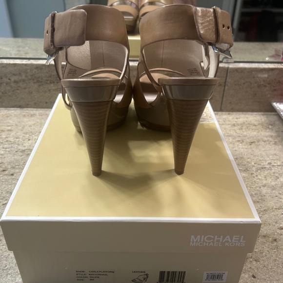 MICHAEL KORS Taupe Stacked Wedged Carla Heels/Sandals - Picture 3 of 5